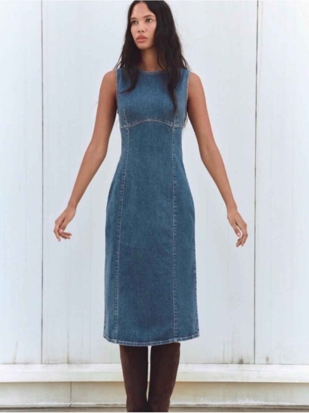Zara Sleeveless Denim Midi Dress in Blue